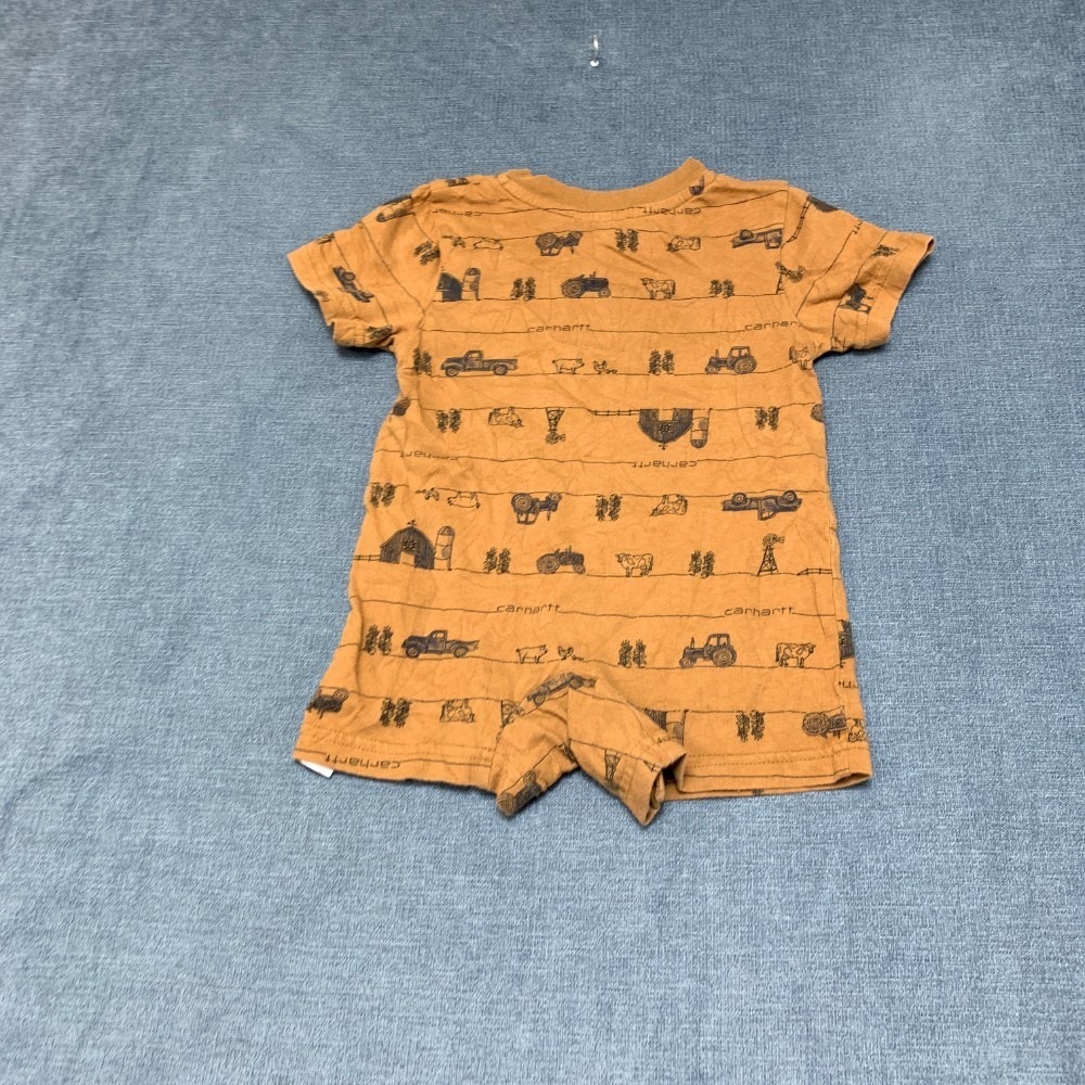 Carhartt One Piece Romper Toddler 9M Brown Farm Print Henley Neck Short Sleeve